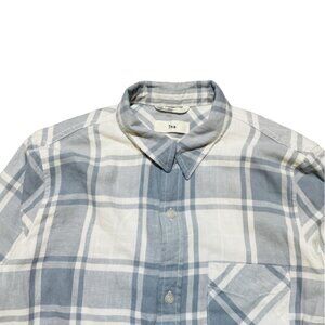 TNA Aritzia Women Flannel Plaid Shirt Size Small Blue White Cabincore Western